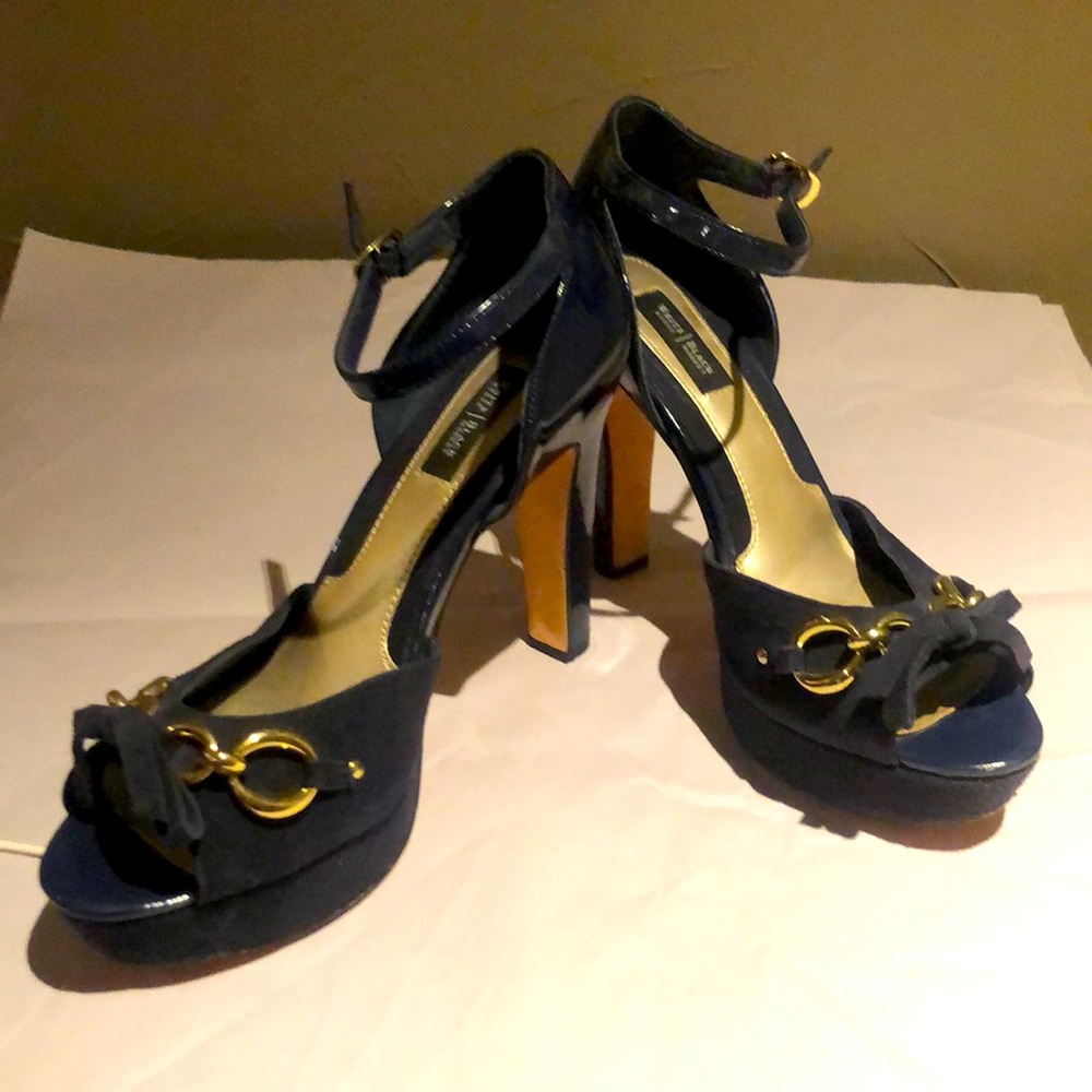 Navy suede and patent peep toe heels